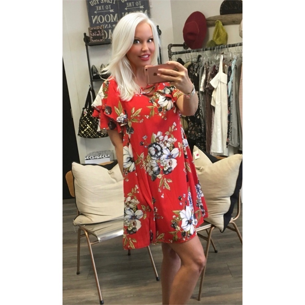 Peach Love Boutique Floral CrissCross Neck Red Floral Ruffle Sleeve Lined Dress!